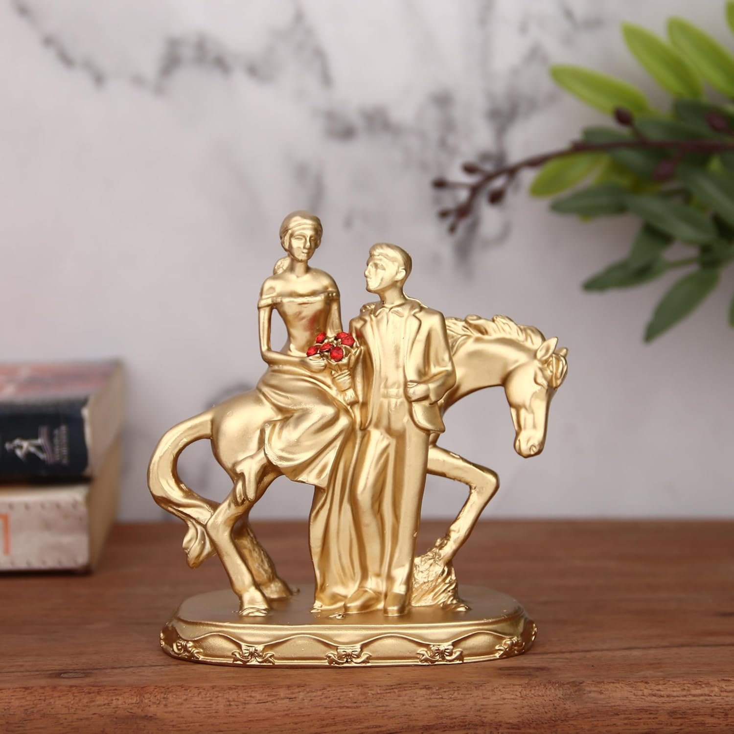 golden-couple-1 Love Couple Sitting on Horse Showpiece Statue - Image 1