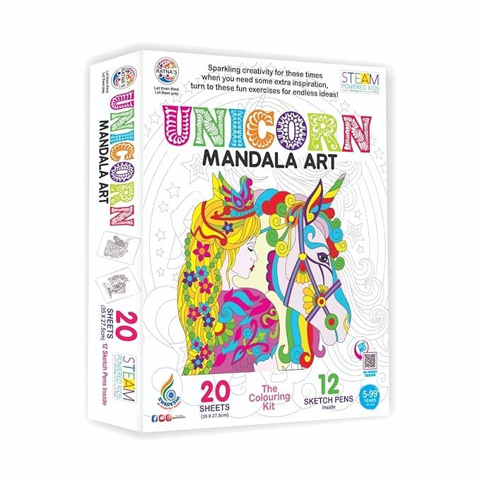 mandala_unicorn_1 Unicorn Mandala Art The Colouring KIT 20 Sheets with 12 Sketch Pens Inside - Image 1